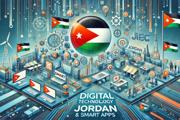 A vibrant digital illustration depicting Orange Jordan's sponsorship of the Digital Technology & Smart Apps Exhibition at JIEC. The image features element