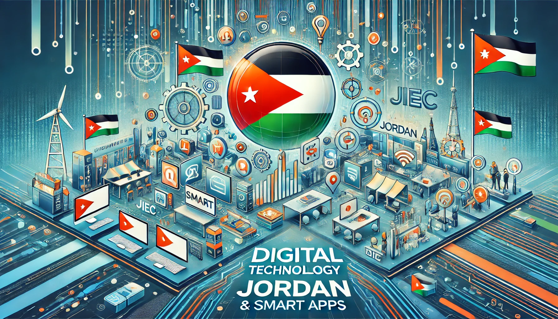 A vibrant digital illustration depicting Orange Jordan's sponsorship of the Digital Technology & Smart Apps Exhibition at JIEC. The image features element