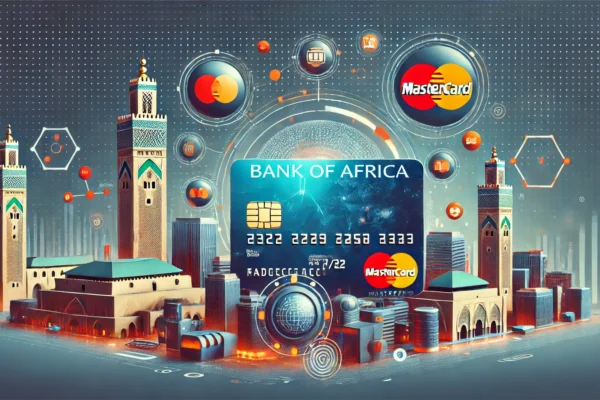 A modern digital illustration showcasing the partnership between BANK OF AFRICA and Mastercard. The image features elements like digital payment icons