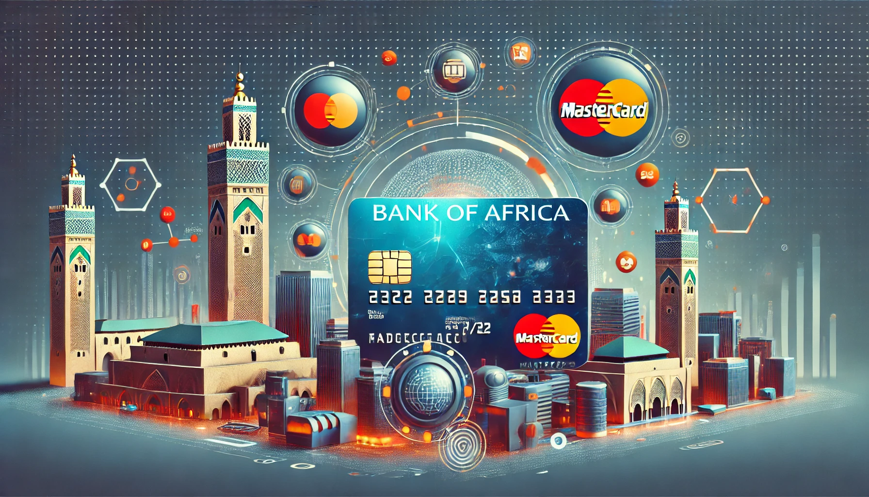 A modern digital illustration showcasing the partnership between BANK OF AFRICA and Mastercard. The image features elements like digital payment icons