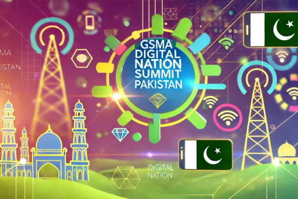 DALA vibrant digital illustration showcasing the GSMA Digital Nation Summit in Pakistan. The image features elements such as mobile technology icons, the