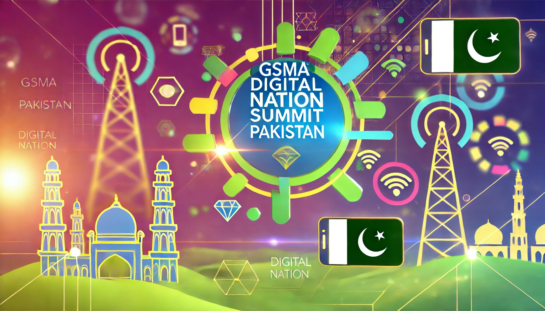 DALA vibrant digital illustration showcasing the GSMA Digital Nation Summit in Pakistan. The image features elements such as mobile technology icons, the