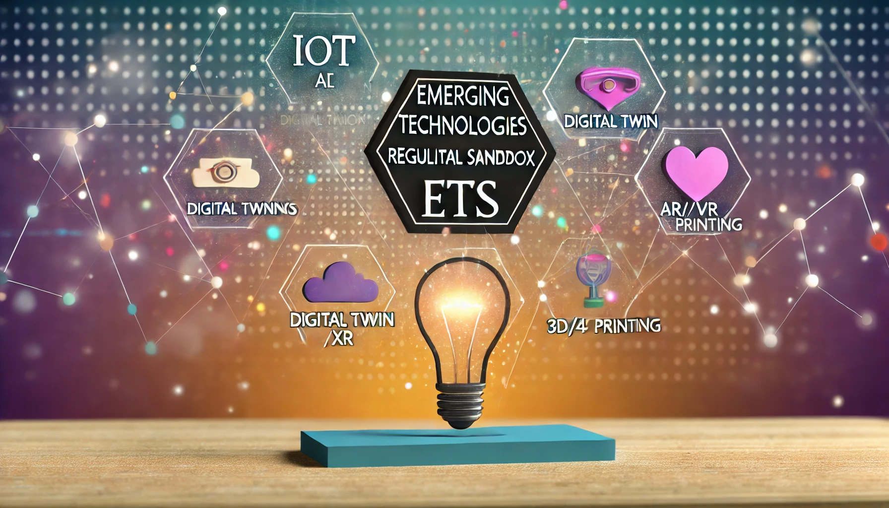 A modern digital illustration showcasing the Emerging Technologies Regulatory Sandbox (ETS) with elements representing IoT, AI, Digital Twin, Space Te