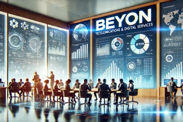 A modern corporate office setting with people engaged in discussions, digital screens displaying financial graphs and data, and a prominent Beyon logo