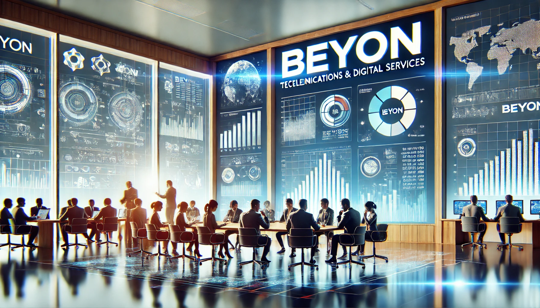 A modern corporate office setting with people engaged in discussions, digital screens displaying financial graphs and data, and a prominent Beyon logo