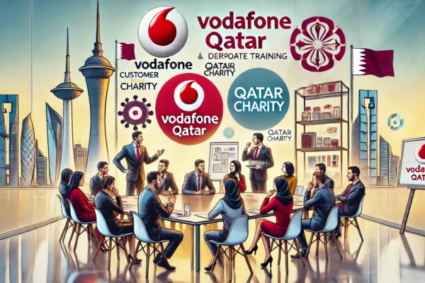 A dynamic corporate training session with participants engaged in discussions, interactive activities, and case studies. The setting should include Vodafone