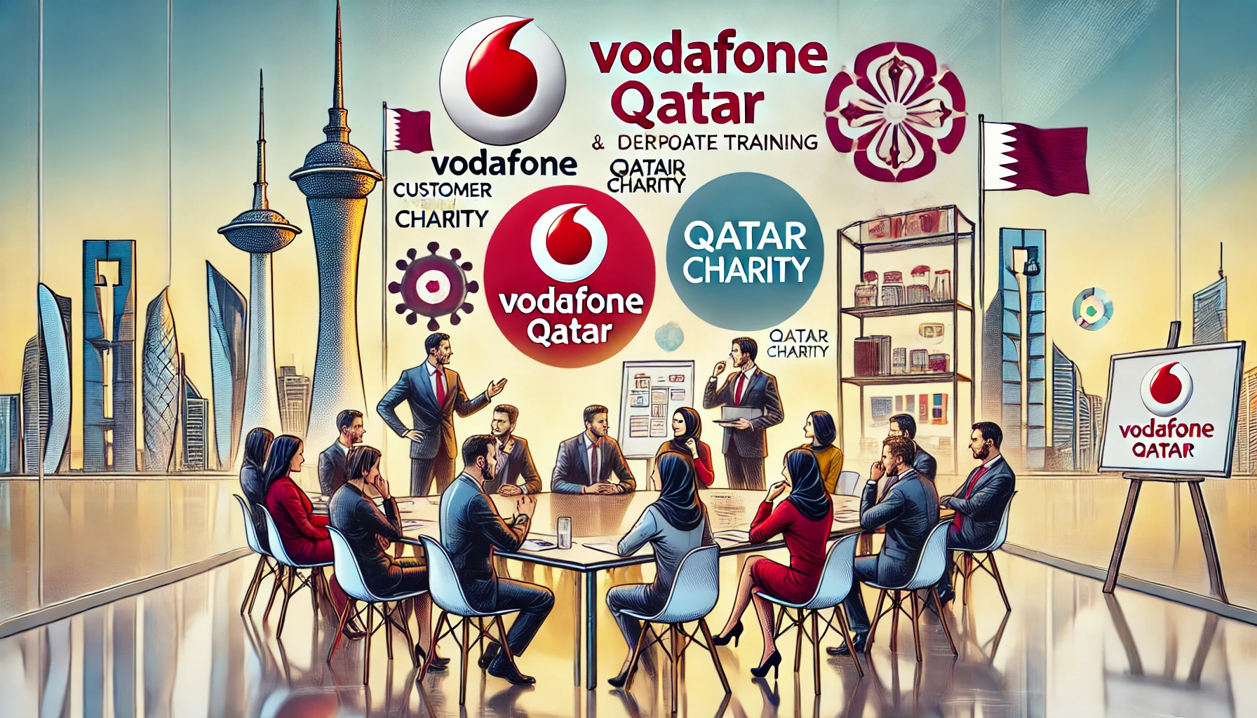 A dynamic corporate training session with participants engaged in discussions, interactive activities, and case studies. The setting should include Vodafone