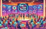 A vibrant event setting with women entrepreneurs presenting their tech startups on stage. The backdrop includes logos of She Loves Tech, Telenor, and