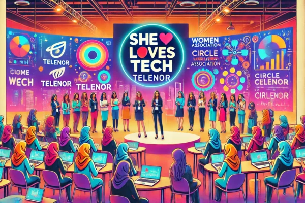 A vibrant event setting with women entrepreneurs presenting their tech startups on stage. The backdrop includes logos of She Loves Tech, Telenor, and