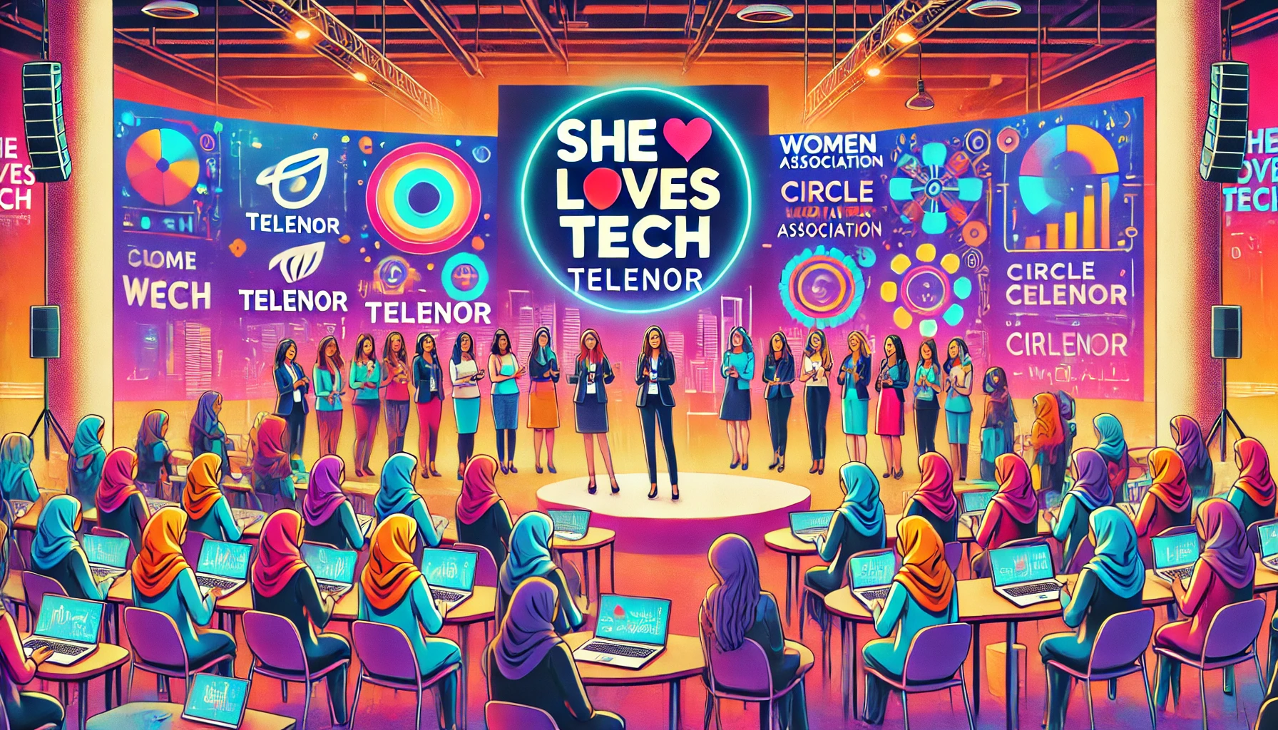 A vibrant event setting with women entrepreneurs presenting their tech startups on stage. The backdrop includes logos of She Loves Tech, Telenor, and