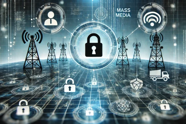 A depiction of cybersecurity threats targeting the telecommunications, mass media, and construction sectors. The image shows digital symbols of hacking