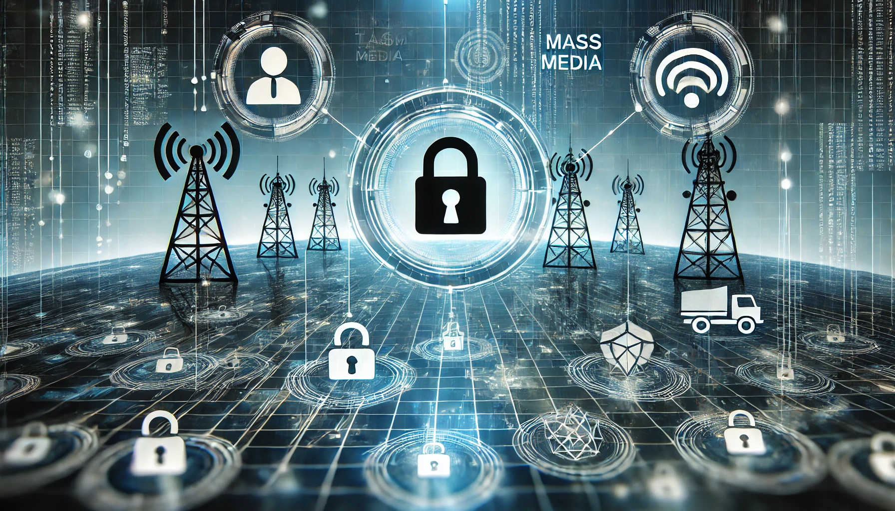 A depiction of cybersecurity threats targeting the telecommunications, mass media, and construction sectors. The image shows digital symbols of hacking