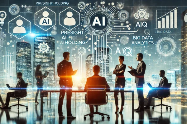 A corporate setting with business professionals discussing growth and innovation. Include digital elements representing AI and big data analytics. The