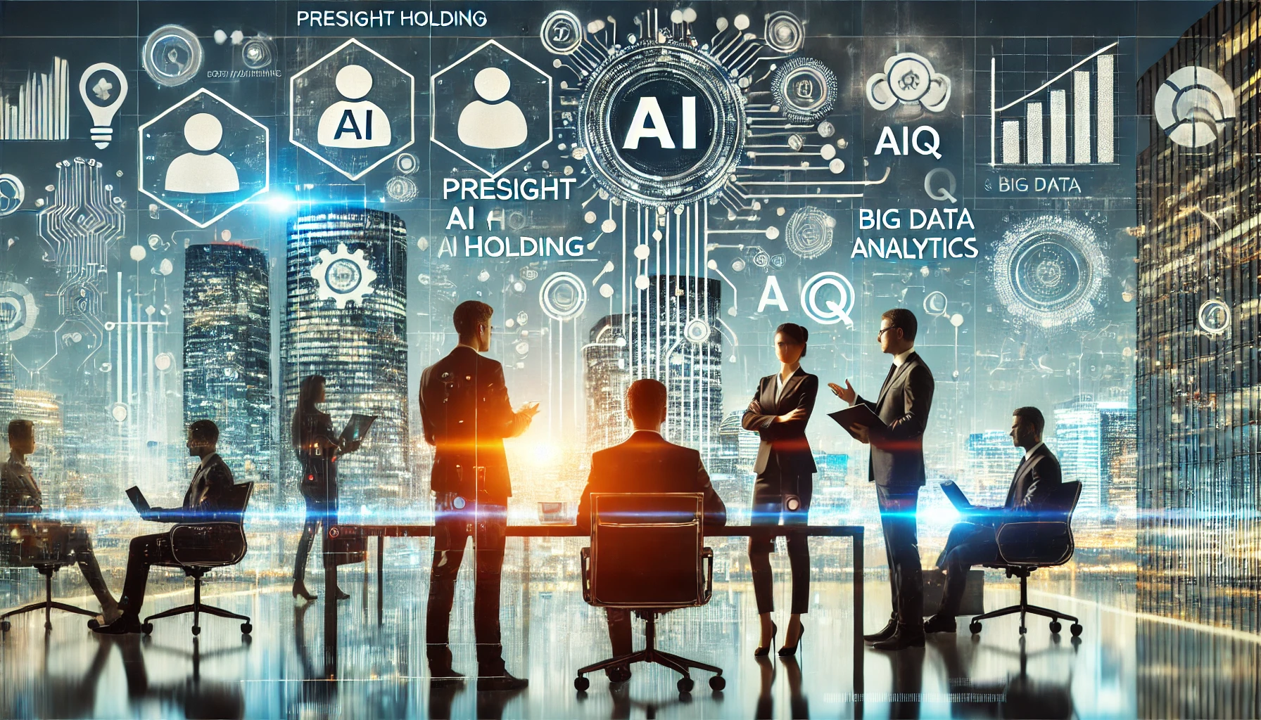 A corporate setting with business professionals discussing growth and innovation. Include digital elements representing AI and big data analytics. The