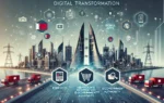 A digital transformation scene showcasing Bahrain's Information & eGovernment Authority's achievements. Include icons representing eServices, mobile a