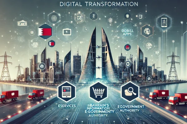 A digital transformation scene showcasing Bahrain's Information & eGovernment Authority's achievements. Include icons representing eServices, mobile a