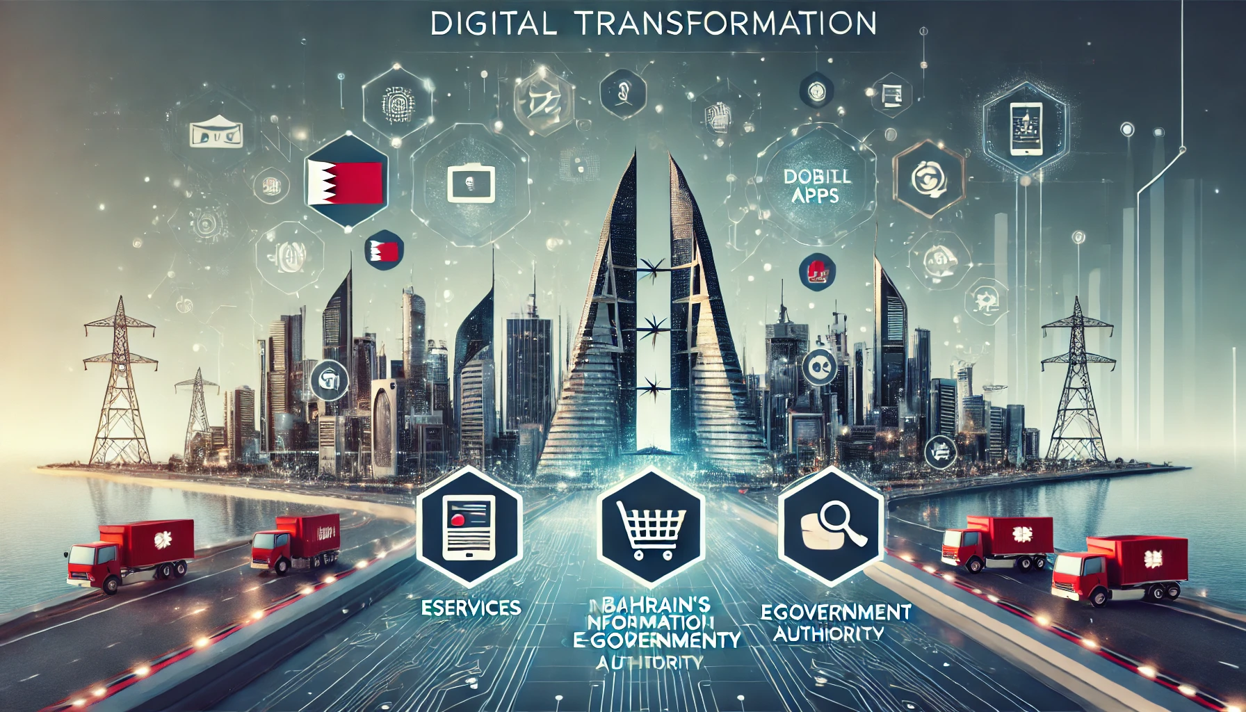 A digital transformation scene showcasing Bahrain's Information & eGovernment Authority's achievements. Include icons representing eServices, mobile a