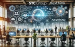 A corporate setting featuring stc Group and Nexthink logos, showcasing digital transformation and employee experience enhancement. The background incl