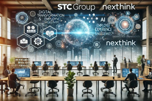 A corporate setting featuring stc Group and Nexthink logos, showcasing digital transformation and employee experience enhancement. The background incl