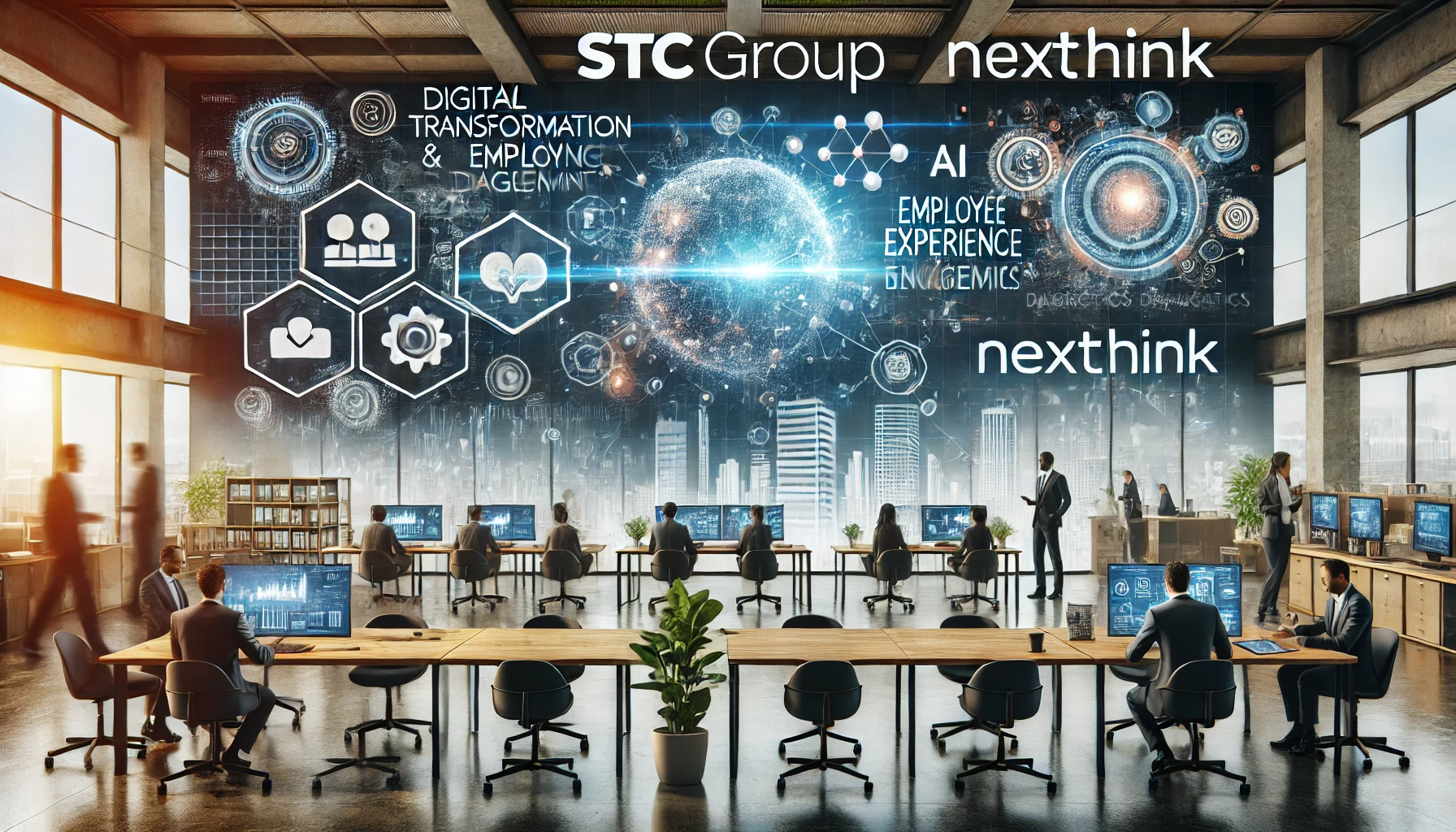 A corporate setting featuring stc Group and Nexthink logos, showcasing digital transformation and employee experience enhancement. The background incl