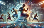 A dynamic scene showcasing a partnership between Batelco and Brave Combat Federation. The image features elements of martial arts action, with fighter