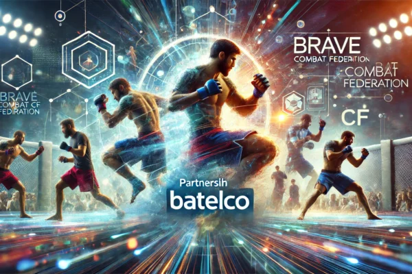 A dynamic scene showcasing a partnership between Batelco and Brave Combat Federation. The image features elements of martial arts action, with fighter