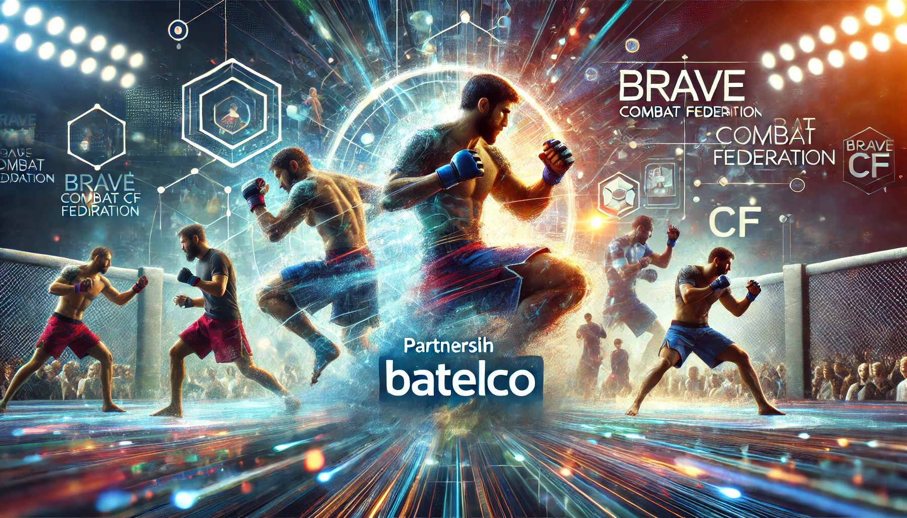 A dynamic scene showcasing a partnership between Batelco and Brave Combat Federation. The image features elements of martial arts action, with fighter