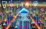 A vibrant, high-tech scene showcasing the launch of Oracle's new cloud region in Riyadh, Saudi Arabia. The image includes modern data centers, cloud i