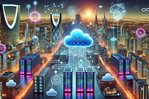 A vibrant, high-tech scene showcasing the launch of Oracle's new cloud region in Riyadh, Saudi Arabia. The image includes modern data centers, cloud i