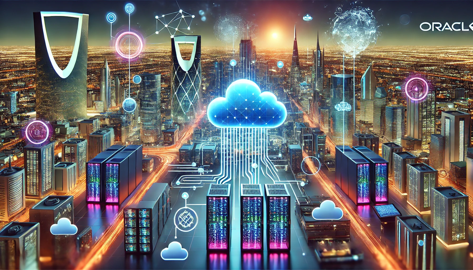 A vibrant, high-tech scene showcasing the launch of Oracle's new cloud region in Riyadh, Saudi Arabia. The image includes modern data centers, cloud i