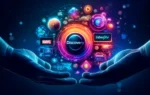A vibrant digital interface showcasing the partnership between Discovery and Intigral. The image features Discovery+ and Jawwy TV logos, along with vi