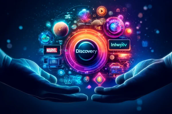 A vibrant digital interface showcasing the partnership between Discovery and Intigral. The image features Discovery+ and Jawwy TV logos, along with vi