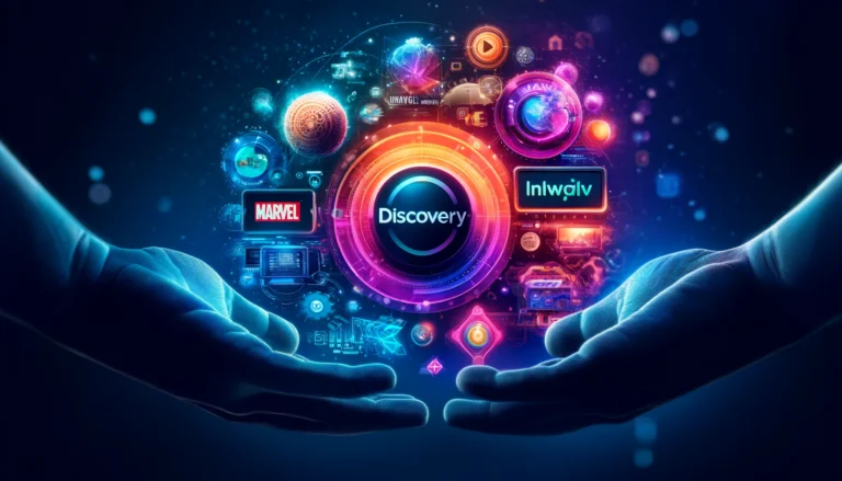 A vibrant digital interface showcasing the partnership between Discovery and Intigral. The image features Discovery+ and Jawwy TV logos, along with vi