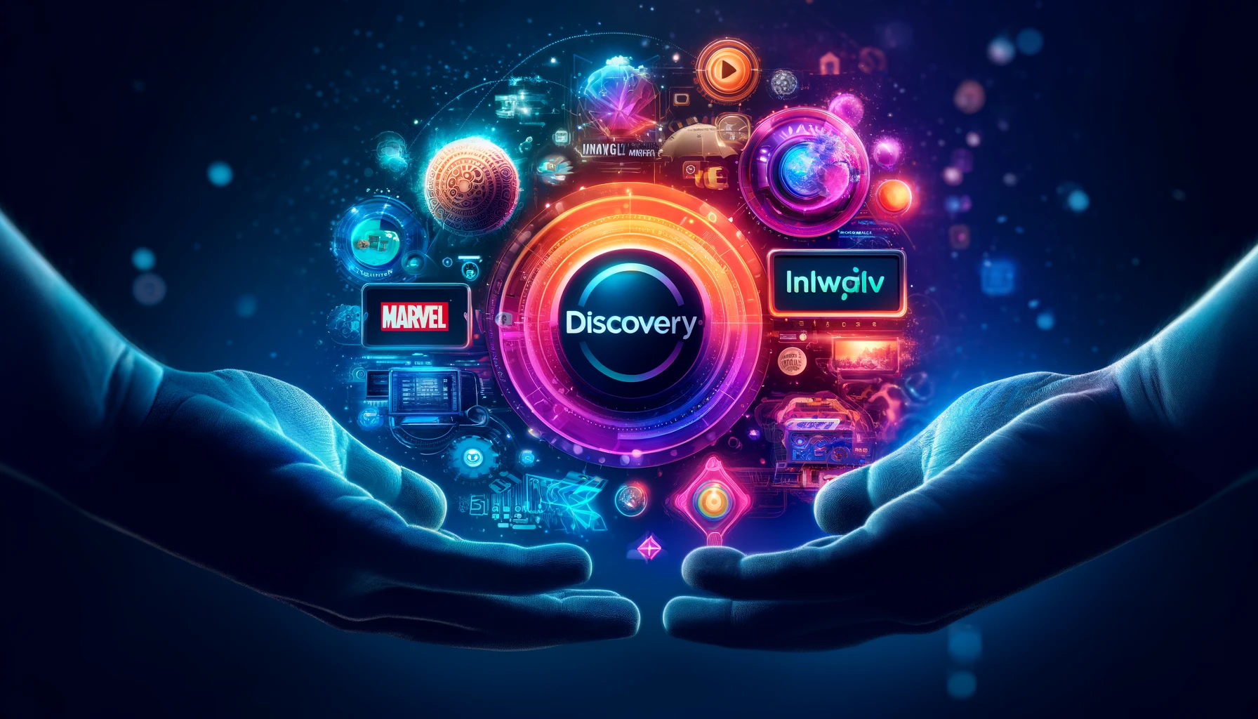 A vibrant digital interface showcasing the partnership between Discovery and Intigral. The image features Discovery+ and Jawwy TV logos, along with vi