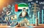 A professional scene depicting the financial transaction of UAE telecom operators paying federal royalty. The image includes corporate office elements