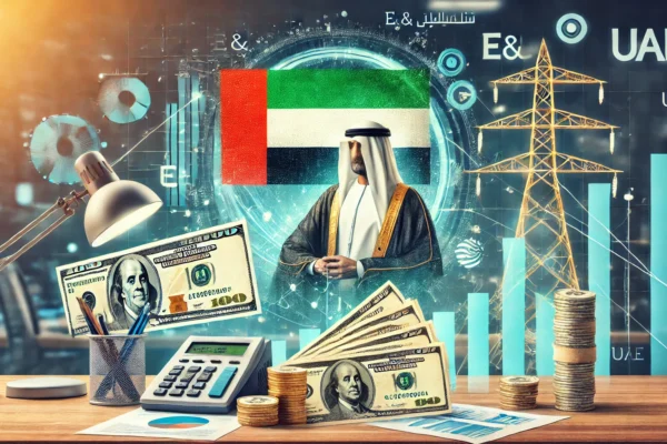 A professional scene depicting the financial transaction of UAE telecom operators paying federal royalty. The image includes corporate office elements