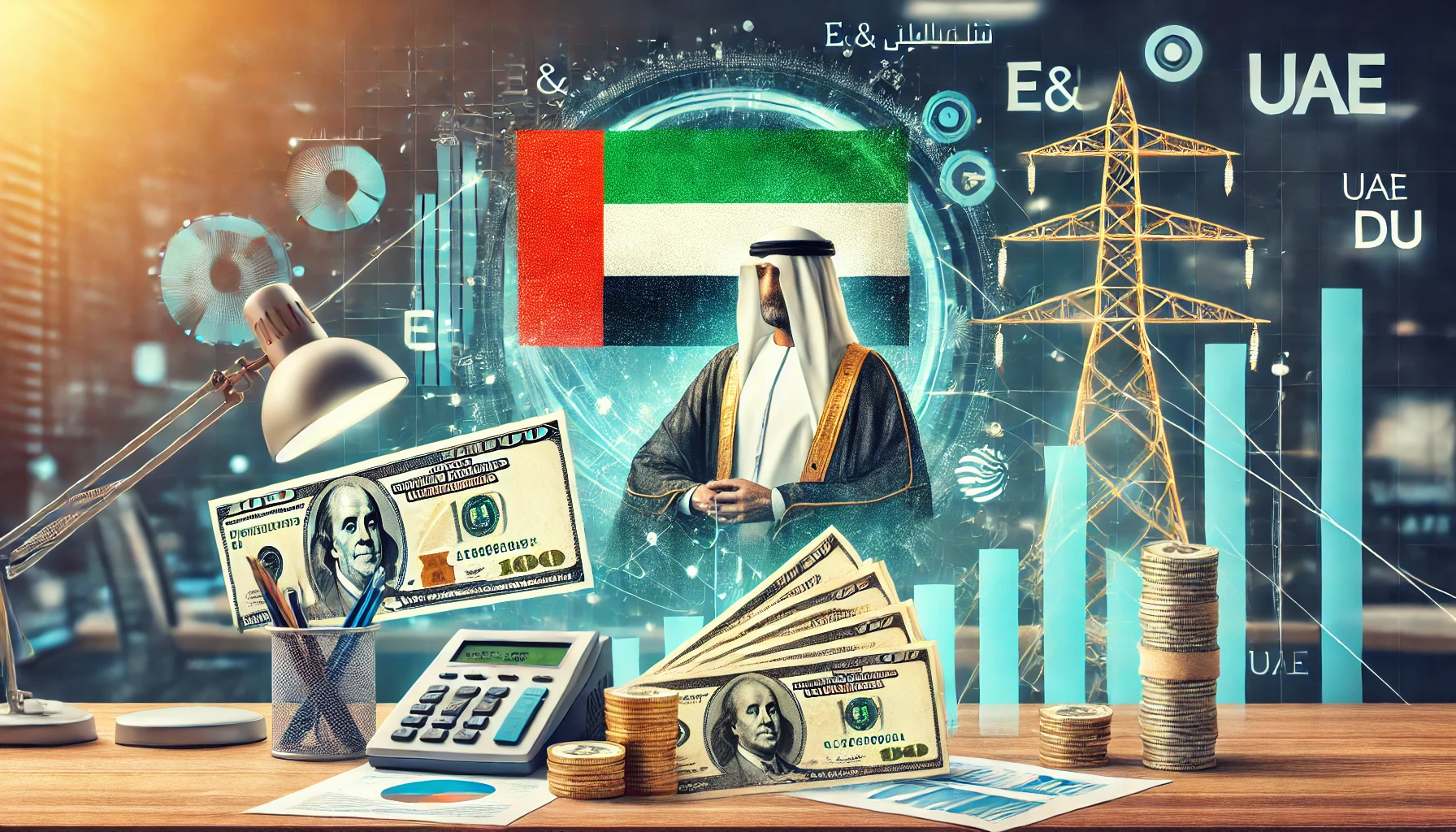 A professional scene depicting the financial transaction of UAE telecom operators paying federal royalty. The image includes corporate office elements