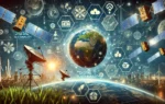 A futuristic scene depicting digital and space sustainability initiatives. The image features satellite technology, Earth observation, digital network