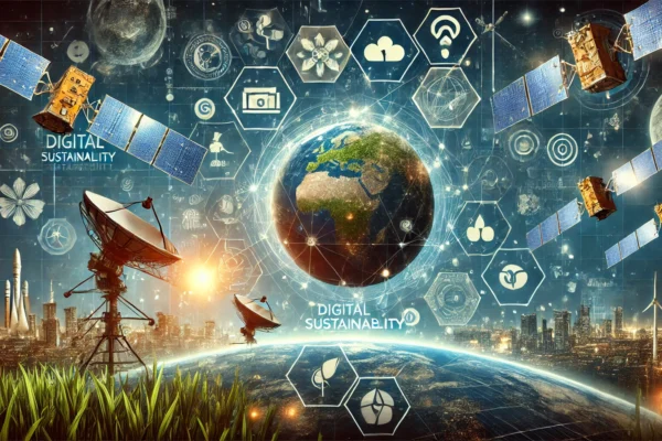 A futuristic scene depicting digital and space sustainability initiatives. The image features satellite technology, Earth observation, digital network