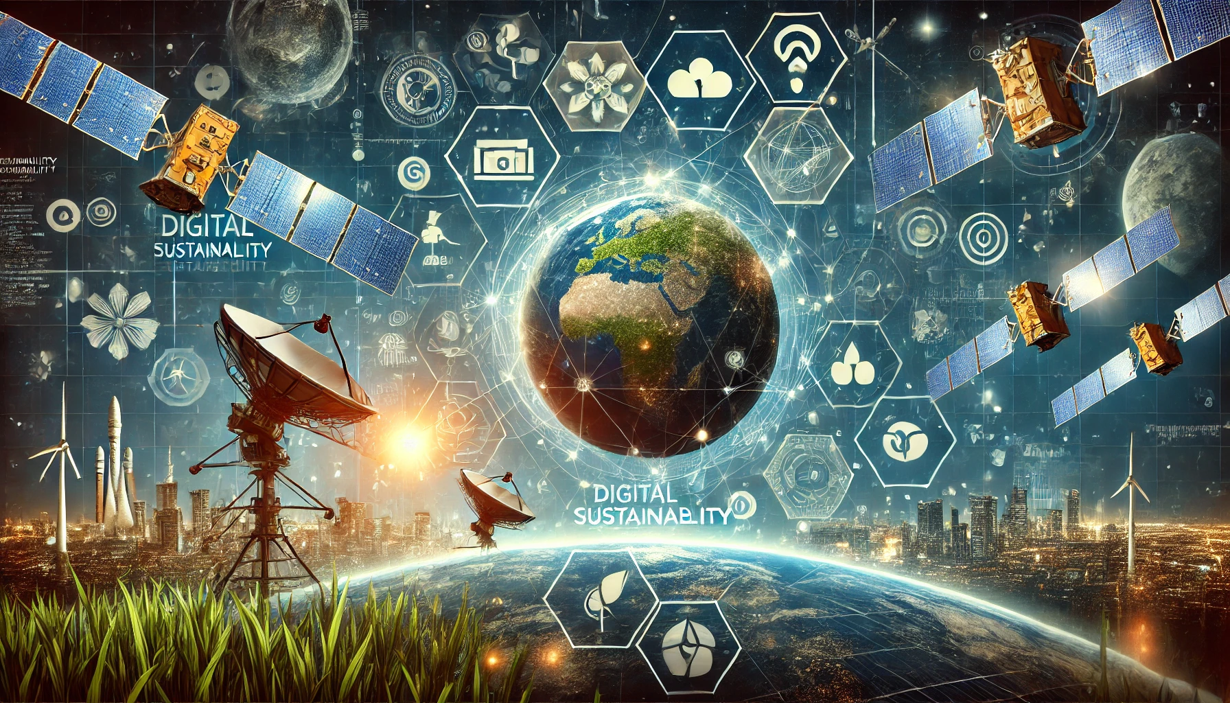 A futuristic scene depicting digital and space sustainability initiatives. The image features satellite technology, Earth observation, digital network