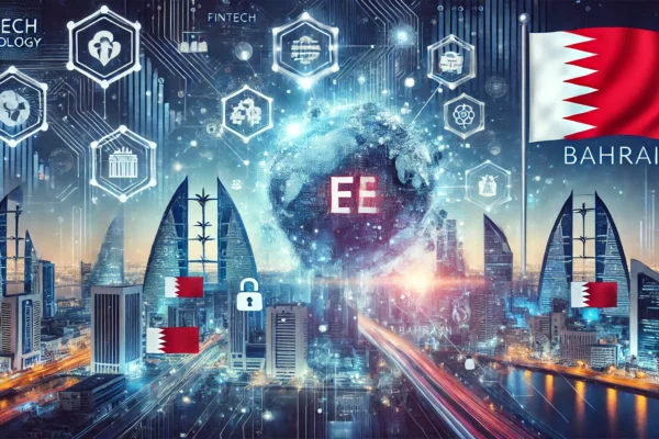 A dynamic scene showcasing fintech innovation in Bahrain. The image features digital financial technology symbols, networking, collaboration elements,