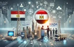 A professional scene depicting a partnership between Telecom Egypt and Mada Communications. The image features elements of telecommunications, digital