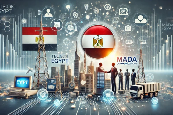 A professional scene depicting a partnership between Telecom Egypt and Mada Communications. The image features elements of telecommunications, digital