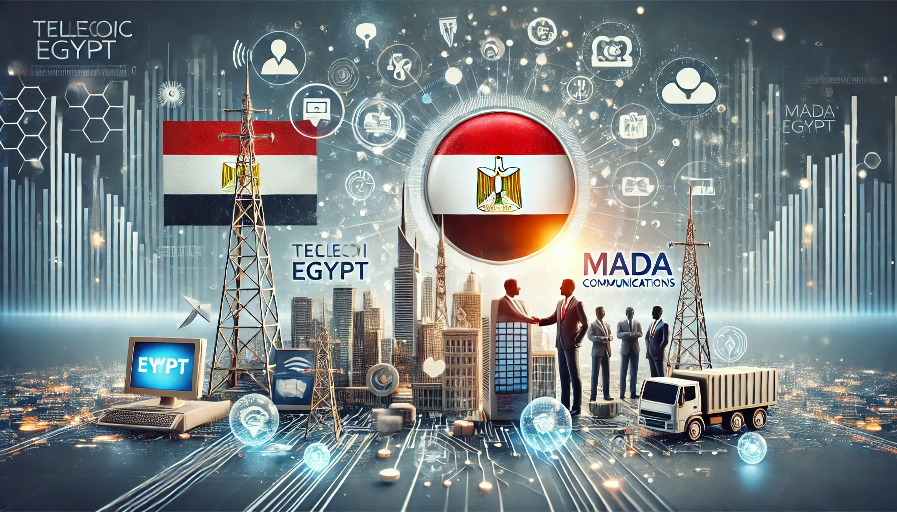 A professional scene depicting a partnership between Telecom Egypt and Mada Communications. The image features elements of telecommunications, digital