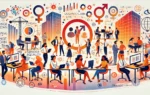 A vibrant and inclusive workplace scene at Orange Jordan. The image features diverse employees collaborating and engaging in a modern office environmet