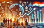 A vibrant scene depicting fintech innovation and investment. The image features digital financial symbols, a growing graph, and a collaborative team e