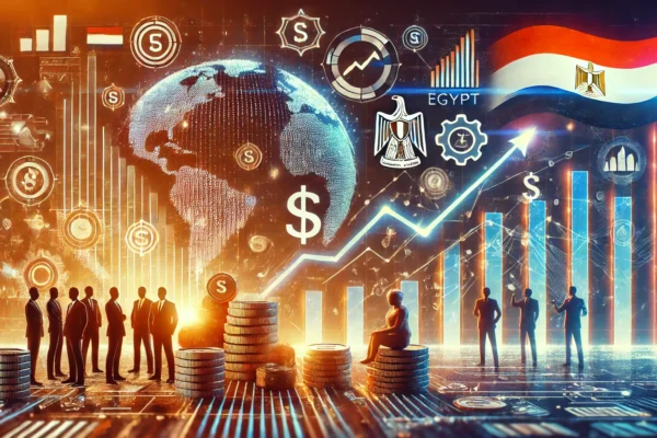 A vibrant scene depicting fintech innovation and investment. The image features digital financial symbols, a growing graph, and a collaborative team e