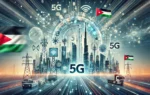 A dynamic and modern scene showcasing Jordan's booming telecommunications sector. The image features elements of high-speed internet, fiber optics, mo