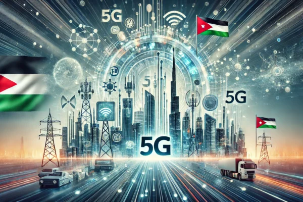 A dynamic and modern scene showcasing Jordan's booming telecommunications sector. The image features elements of high-speed internet, fiber optics, mo