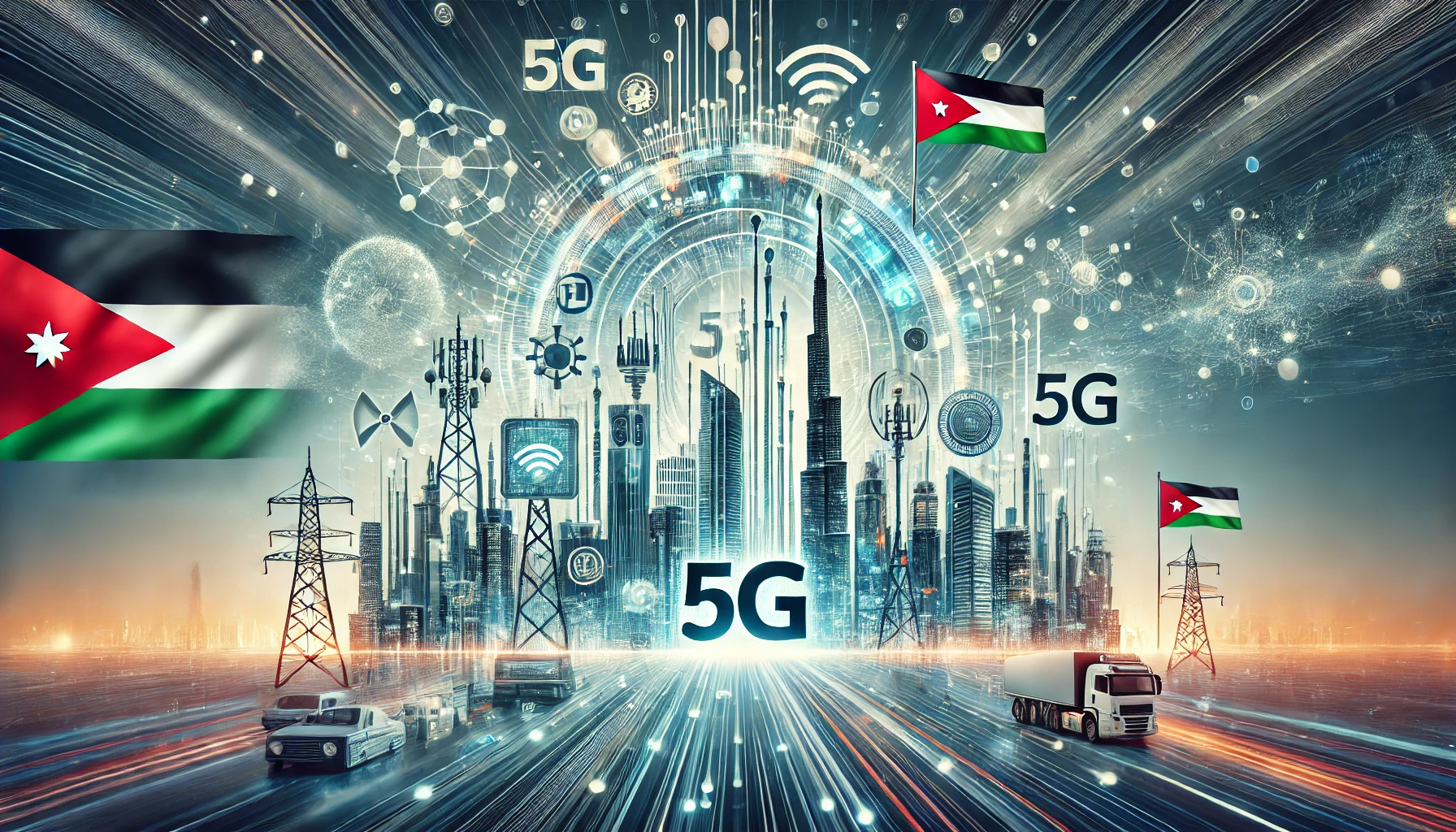 A dynamic and modern scene showcasing Jordan's booming telecommunications sector. The image features elements of high-speed internet, fiber optics, mo